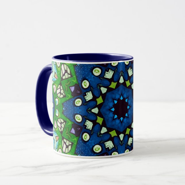 Caneca Mandala Mosaico Geométrico Verdinho Azul Retroativ (Frente Esquerda)