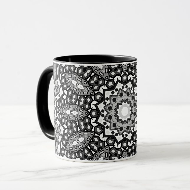 Caneca Mandalá preto e branco, caleidoscópio, ornamento r (Frente Esquerda)