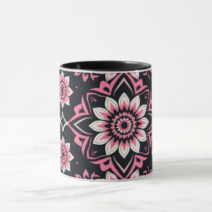 Caneca Mandala rosa e branca sobre fundo preto