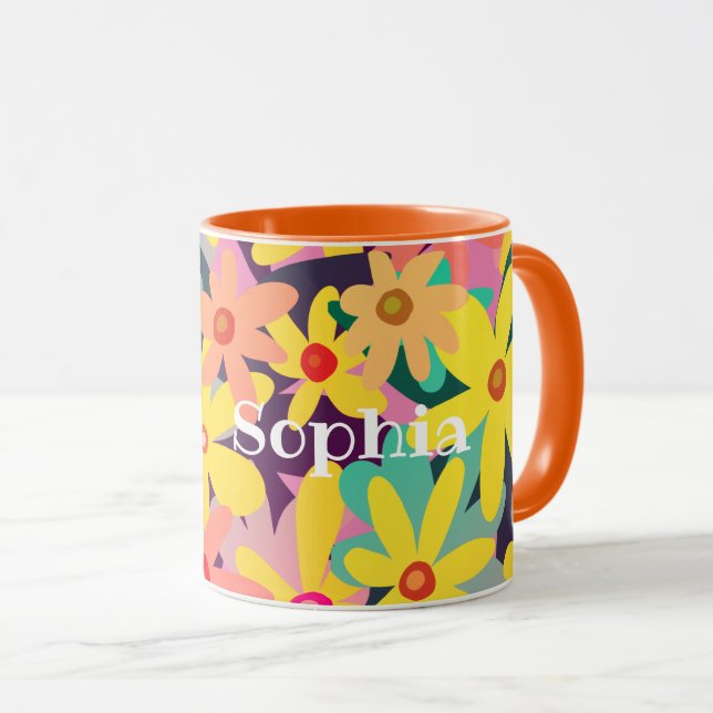 Caneca Manga de flores amarelas, cor-de-rosa e laranja (Frente Esquerda)