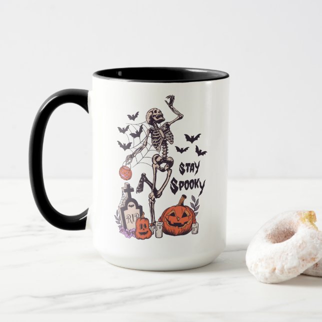 Caneca Mantenha-se assustado Halloween Skeleton Spider Ba (Com Donut)