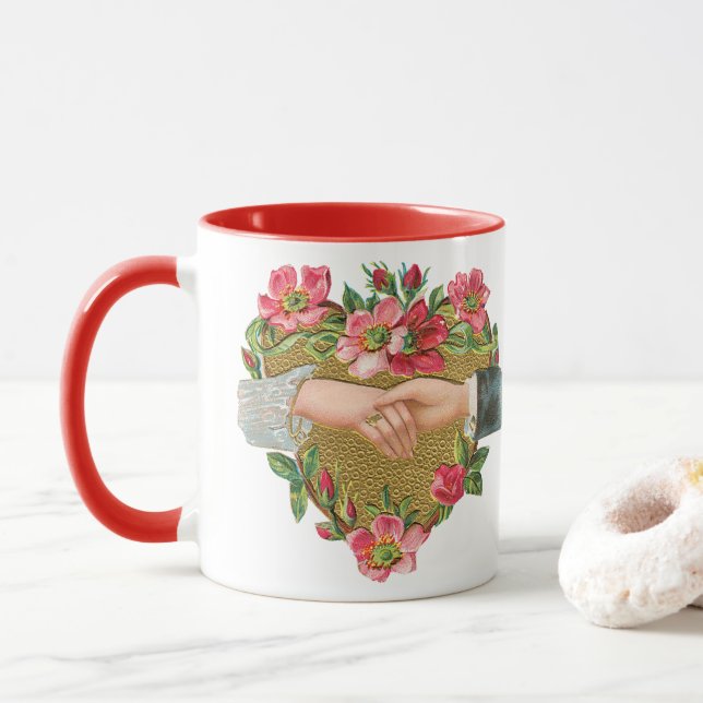 Caneca Mãos w Flores, Dia de os namorados Vitoriano Vinta (Com Donut)