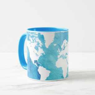 Caneca Mapa do mundo em azuis da aguarela
