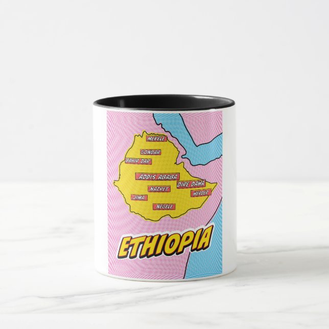 Caneca Mapa ilustrado da Etiópia em Pop Art (Centro)