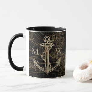 Caneca Mapa Mundial de Âncora Náutica Monograma Preto