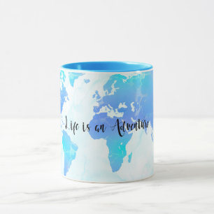 Caneca Mapa Mundial Roxo e Azul A vida é uma Aventura