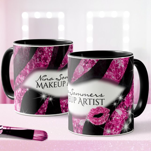Caneca Maquiador Glam Rosa Brilho Lábios Estampa de Zebra (Criador carregado)