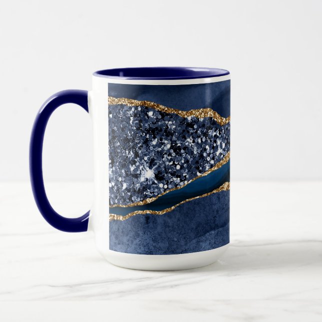 Caneca Marble Elegante de Glitter Dourado Azul Moderno (Esquerda)
