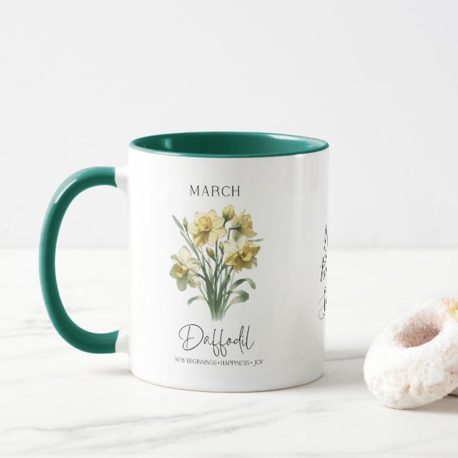 Caneca Março, Mês de Nascimento Flor Daffodil, Presente d (Com Donut)