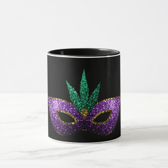 Caneca Mardi Gras Mask Purple Green Dourado Sparkles blac (Centro)