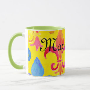 Caneca Mardi Gras Rainbow Fleur de lis Monogram