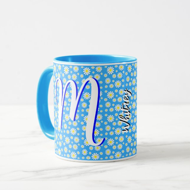 Caneca Margaridas Elegantes (Azul Claro) Monograma Floral (Frente Esquerda)