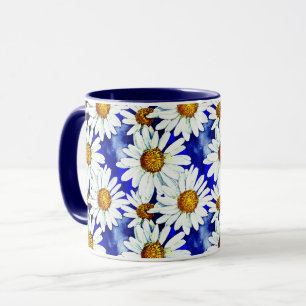 Caneca Margaridas em Aquarela sobre Azul Jeans