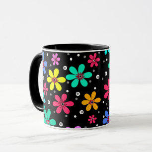 Caneca Margaridas multicoloridas em um fundo preto 