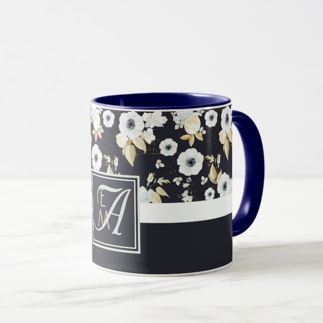 Caneca Marinho Azul Azul, Decoração Floral Branca Anêmona (Frente Esquerda)