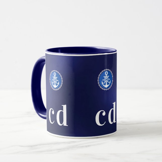 Caneca Marinho azul branco monograma de embarcações náuti (Frente Esquerda)