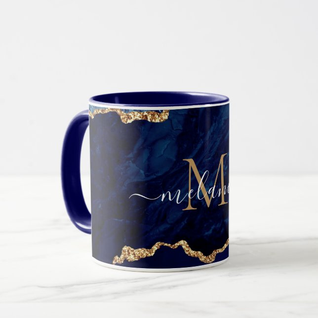 Caneca Marinho Azul Dourado Marble - Letra com Nome Mug (Frente Esquerda)