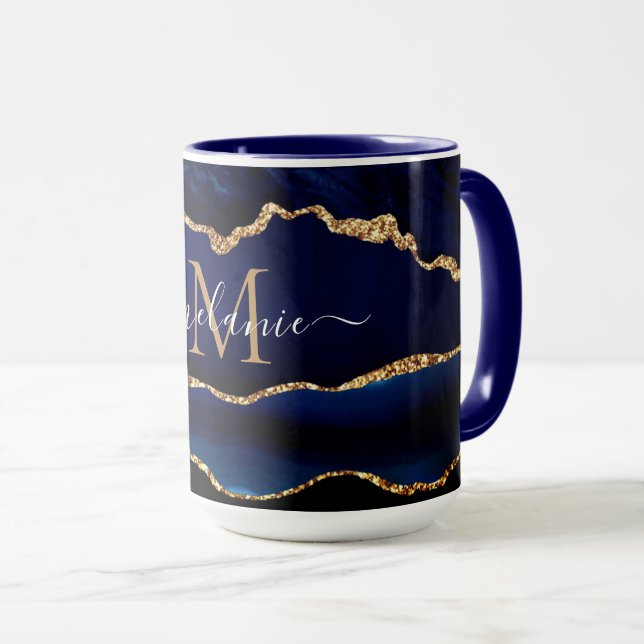 Caneca Marinho Azul Dourado Marble - Letra Personalizada  (Frente Esquerda)