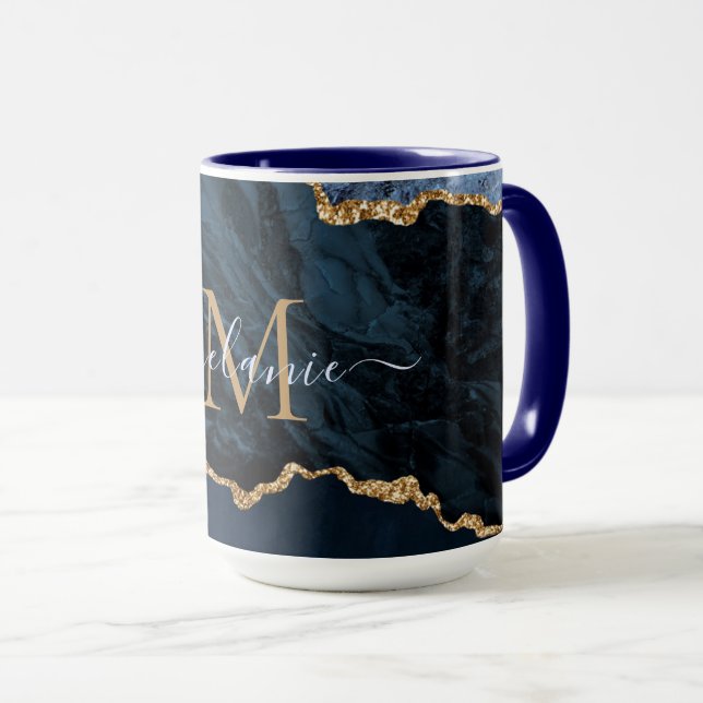 Caneca Marinho Azul Dourado Marble - Nome Personalizado L (Frente Esquerda)