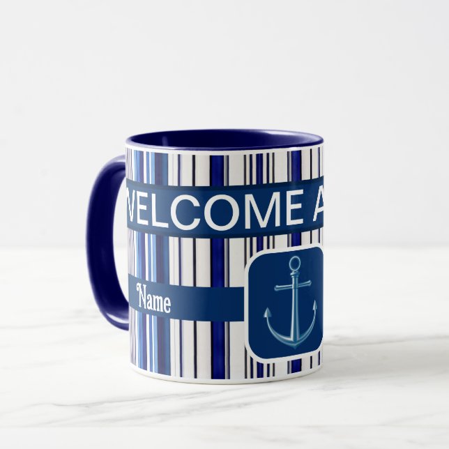 Caneca Marinho de Verão Blue Boat Trendy Strips (Frente Esquerda)