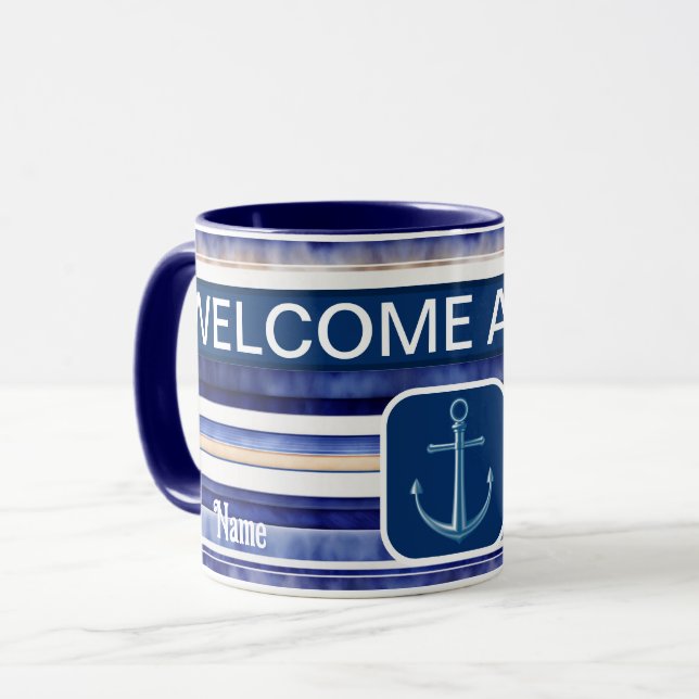 Caneca Marinho de Verão Blue Modern Boat Strips Coleção (Frente Esquerda)