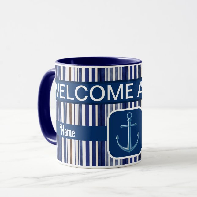 Caneca Marinho de Verão Blue Trendy Boat Strips (Frente Esquerda)