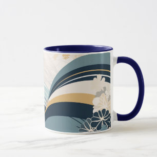 Caneca Marinho Floral e Waves Mug Japonês