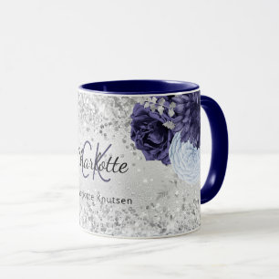 Caneca Marinho prateado azul floral elegante nome do mono