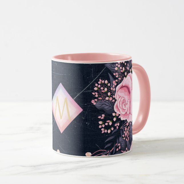 Caneca Marinho Rosegold Monograma Oferece Girly Floral Pi (Frente Esquerda)