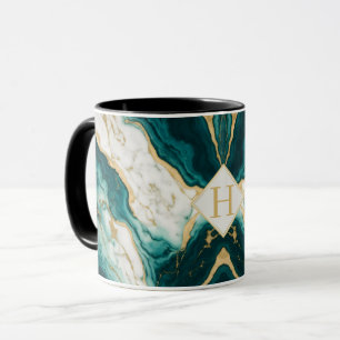 Caneca Mármore Clássico em Azul Teal e Dourado Letra H
