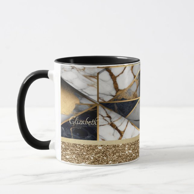 Caneca Mármore Geométrico Negro Dourado Elegante (Esquerda)