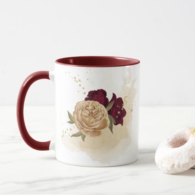 Caneca Marrom bege dourado botânico verde (Com Donut)