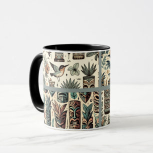 Caneca Máscaras e Pássaros Tiki Tropicais Vintage Cinza V