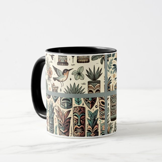 Caneca Máscaras tropicais e aves Cinzas verdes (Frente Esquerda)
