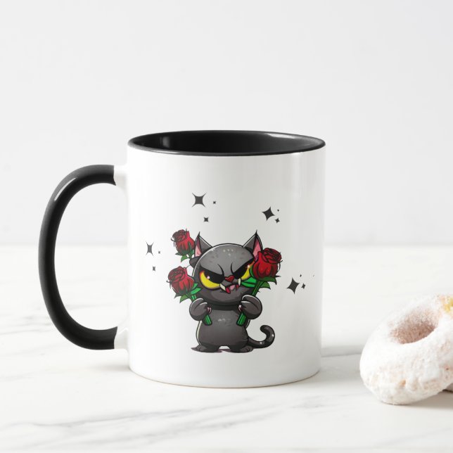 Caneca Mau Black Cat Segurando Rosas Legal estrelas escur (Com Donut)