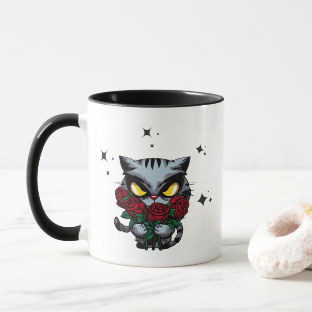 Caneca Mau Black Cat Segurando Rosas Legal estrelas escur (Com Donut)