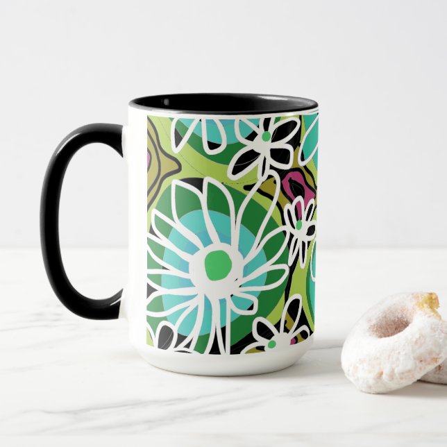 Caneca Mazipoodles Love Flowers - Preto Branco Verde-Teal (Com Donut)