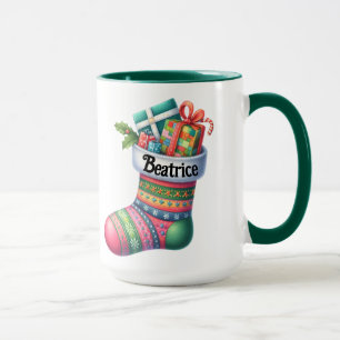Caneca Meia de Natal Rosa e Verde Divertida Personalizáve