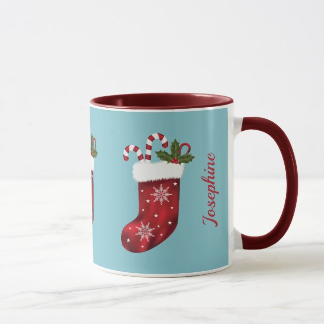 Caneca Meias de Natal Vermelhas em Azul com Nome Personal (Direita)