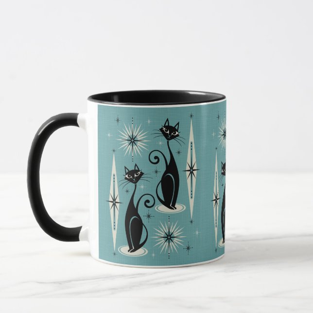 Caneca Meio século mede gatos atômicos retrô em azul (Esquerda)