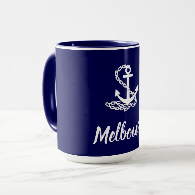 Caneca Melbourne Anchor - Estilo Marítimo Azul E Branco (Frente Esquerda)