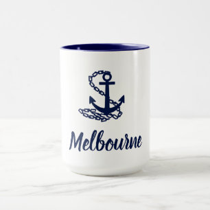 Caneca Melbourne Anchor - Estilo Marítimo Azul E Branco M