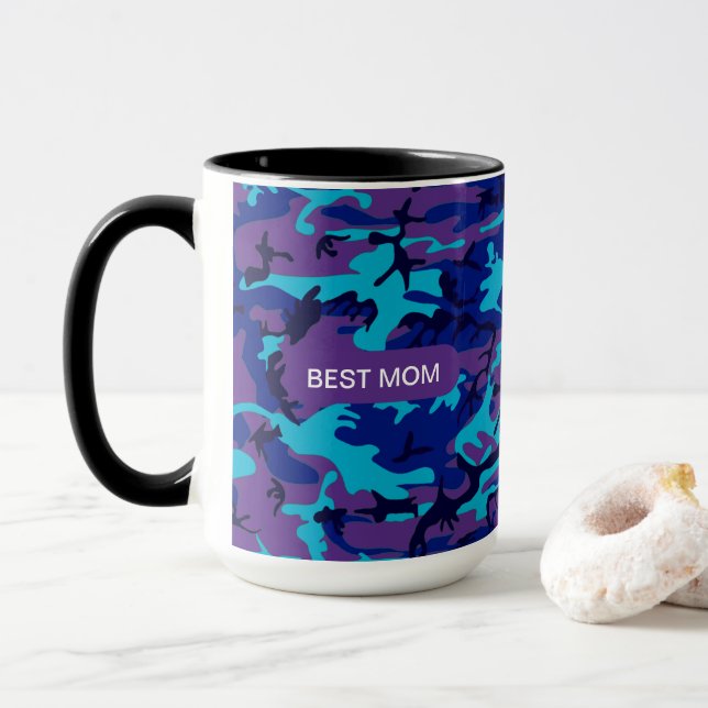 Caneca Melhor Mãe Camouflage Padrão Azul Escuro e Roxo (Com Donut)