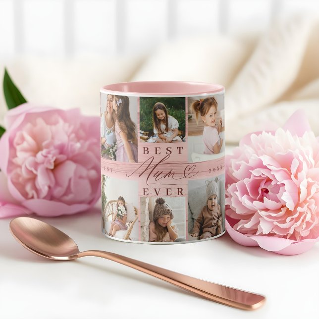 Caneca Melhor Mãe da família de fotos Collage Pink Woodgr (Best Mum Ever Family Photo Collage Pink Woodgrain Mug)