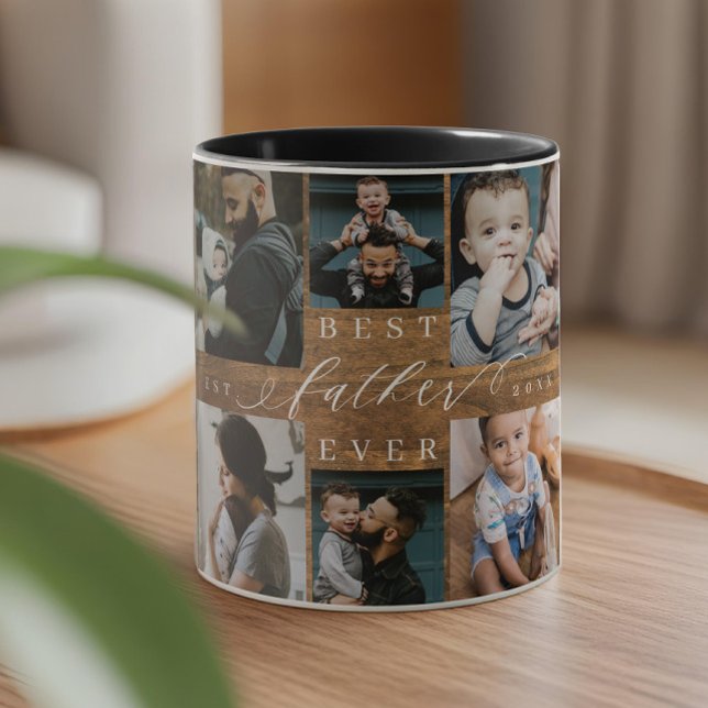 Caneca Melhor Padre Ever Woodgrain Collage Keepsaket (Best Father Ever Woodgrain Photo Collage Keepsake Mug)