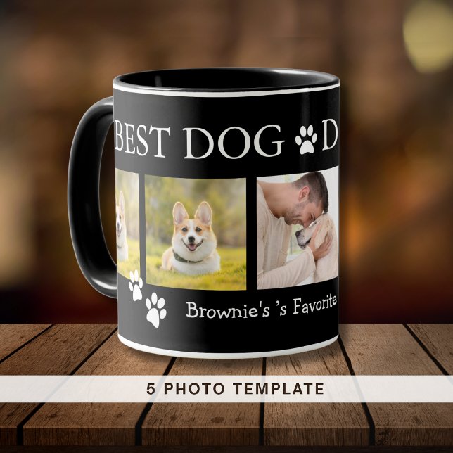 Caneca Melhor Pai De Cães De 5 Fotografias Nome De Pet Pr (Best Dog Dad Ever 5 Photo Collage Pet Name Black Mug)