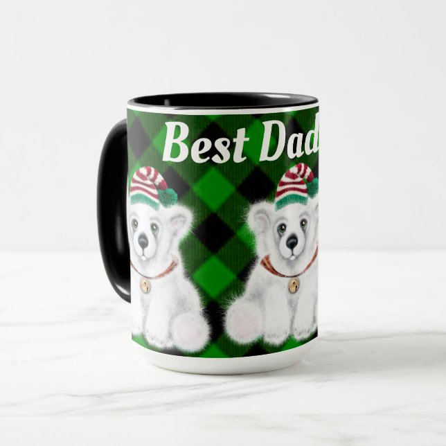 Caneca Melhor Pai de férias xadrez verde de urso polar (Frente Esquerda)