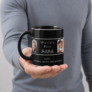 Caneca Melhor papai pai família colagem de fotos preto