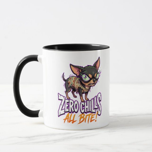 Caneca Meme de Chihuahua Sarcástico Zero Chills Tudo Bite (Esquerda)