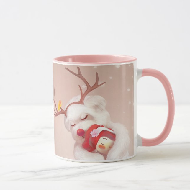 Caneca Menina abraçando cachorro em Reindeer Antlers (Direita)
